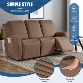 TAOCOCO Recliner Sofa Slipcover, 3 Pieces Polyester Fabric Stretch Sofa Covers for 3 Seat Reclining Couch, Soft Washable Furniture Protector with Pockets (3 Seat, Light Coffee)