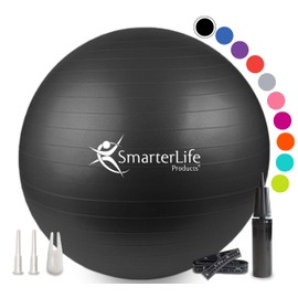 Exercise Ball for Yoga, Balance, Stability - Fitness, Pilates, Birthing, Therapy, Office Ball Chair, Flexible Seating - Anti Burst, Non Slip, PRO Workout Guide by SmarterLife (Black, 55cm)