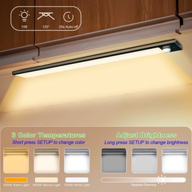 WOLDFY 3 Color Tempers Dimmable Under Cabinet Lights Wireless[2 Pack], Rechargeable LED Motion Sensor Lighting Indoor, Magnetic Closet Lights (Black-3000mAh-15.7in)