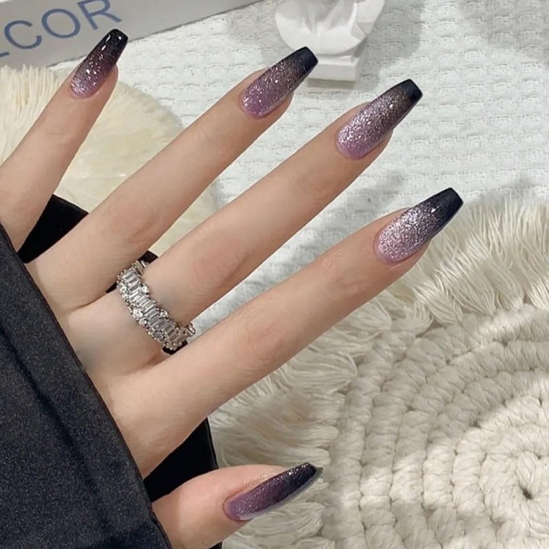 24 Pcs Black Gradient Pink Cat Eye Press on Nails
