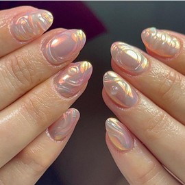 KQueenest Chrome Press On Nails Short Oval, Cute Acrylic Fake Nails With 3D Sculpting Design Full Cover Glue On Nails Short Round, Handmade Glitter Gel Stick On Nails For Women 24 Pcs