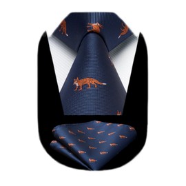 HISDERN Navy Blue Mens Ties Fox Ties for Men Animal Necktie and Pocket Square Set Jacquard Woven Silk Christmas Neckties Handkerchief