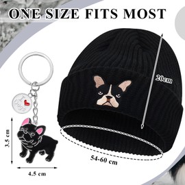 Geyoga French Dog Gifts Set for Women Men Christmas Beanie Hat with Embroidered Knit Unisex Winter Hat and French Dog Keychain Small Keyring Embroidered Gifts for Animal Enthusiast(Black)