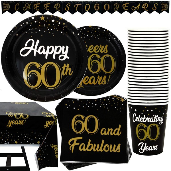 202 Piece 60th Birthday Party Supplies Set Including Plates, Cups, Napkins, Banner, Cutlery, Balloons, and Tablecloth, Serves 25