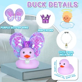 Purple Angle Rubber Duck Car Ornaments with Glitter Wing,Squeaky Duck with Mini Crown,Pearl Necklace Car Dashboard Decorations Party Favors Baby Bath Toy