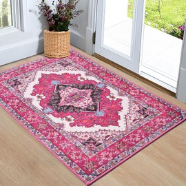 Noahas Noahas Front Door Mat Indoor Outdoor Entrance,2x3 Small Hot Pink Area Rugs Vintage Machine Washable Rugs Non-Slip Low Pile Carpets for Entryway Porch Bathroom Kitchen Bedroom Laundry Room Home Decor
