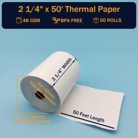(50 Rolls) 2 1/4 x 50 Thermal Paper Rolls, BPA Free Thermal Receipt Paper Rolls, 2.25 inch Width and 50 ft Longth Per Thermal Paper Receipt Roll