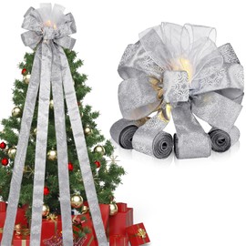 XunYee Large Christmas Tree Topper Bow 12.6 x 118 inch Lighted Christmas Bow LED Tree Bow Glitter Satin Mesh Streamer Snowflake Ribbon Decorative Bows for Xmas Christmas Tree Decor(Grey Silver)