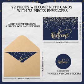 Fumete 72 Sets Bulk Welcome Card Golden for Christmas Guest with Kraft Envelope Sticker Blank 6x4 in Interior Welcomes Note Card Paper Hotel Business Greeting Postcard Wedding Employee Team(Blue)