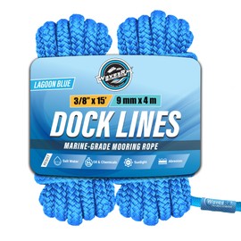 Premium Nylon Boat Dock Lines & Ropes for Docking & Pontoon | Double Braided Marine Rope | Boat Ropes for Docking with Loop | UV & Saltwater Resistant Dock Rope (Lagoon Blue, 3/8” x 15’)