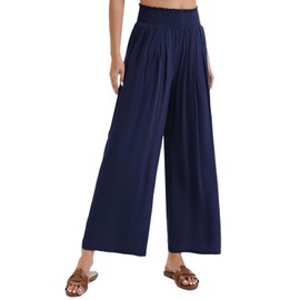 ZXIHZF Women’s Summer Palazzo Pants Wide Stretch Smocked Waist Lounge Trousers (US, Alpha, Small, Regular, Regular, Navy Blue)