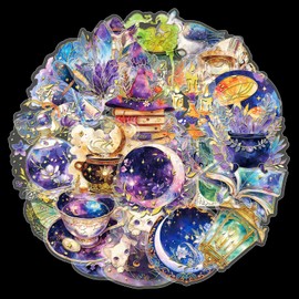 Holographic Gold Foil Witchy Stickers - 30Pcs Magic Astrology Celestial Stickers for Scrapbook Journals, Planners, Stationery Decor Mystical Transparent Art (Magic Witch)