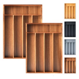 Silverware Organizer, 2 Pack 10 Inch Utensil Organizer Kitchen Drawer Organizer Acacia Silverware Holder Cutlery Tray Organizer in Drawer Flatware Organizer Tray(5 slots, Acacia）