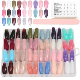 HAOSHUOGE 24 Colors (576 Pcs) Smooth Short Press On False Nail Set. 5 Sheets Of Jelly Glue (120 Pcs). 1 Nail File And Cuticle Stick. Reusable Stick-on Nails for Women, Suitable For DIY (Almond Shape)