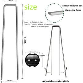 Kenhihi 100Pcs Garden Stakes Staples + 100Pcs Gasket, 6 Inch Lawn Landscape Staples 11 Gauge U Shaped Galvanized Landscape Pins, Heavy Duty Yard Ground Pin for Weed Barrier Sod Fabric Decorations