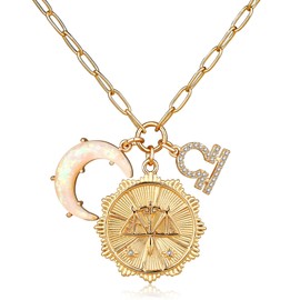 MISS RIGHT Gold Zodiac Libra Sign Coin Necklace with Opal Crescent Moon Charm for Women Trendy, Dainty Gold Paperclip Chain 12 Constellation Horoscope Necklaces Astrology Jewelry Gifts