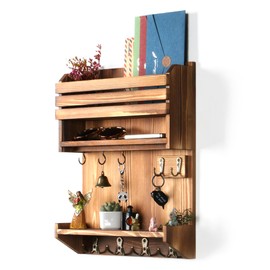 HEKFL Key Holder, Wall Mounted Mail Organizer, Keys Holder on Wall with 9 Key Hooks, Light Brown