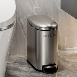 MRBIN Stainless Steel Slim Bathroom Trash Can with Lid, 6L / 1.6Gal Step Narrow Waste Basket Covered Odorless Dustbin with Inner Bucket for Bedroom, Kitchen, Vanity, Office, Eclipse-Grey
