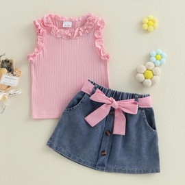 ZZLBUF Toddler Girls Summer Outfits Solid Color Ruffle Sleeveless Tank Tops Vest Denim Skirts Kids Fashion 2 Piece Outfits (Pink, 6-12 Months)