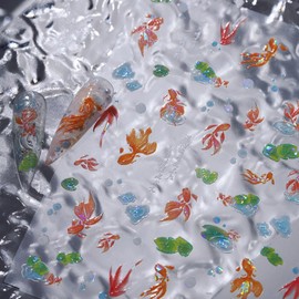 Koi Fish Nail Art Stickers Decals, Summer Glitter Goldfish Nail Stickers for Nail Art Green Lotus Leaf Nails Design 5D Embossed Nail Decals Goldfish Stickers Summer Manicure Supply for Women