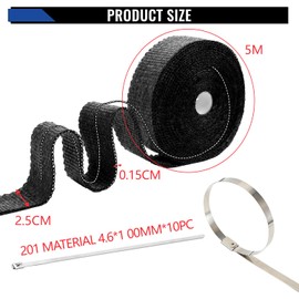 Exhaust Heat Protection Tape, 5 m Heat Protection Tape, Basalt Fibre, Titanium Heat Protection Tape, Exhaust with 10 Stainless Steel Cable Ties, for Manifolds, Thermal Tape, Manifold Tape, Car,