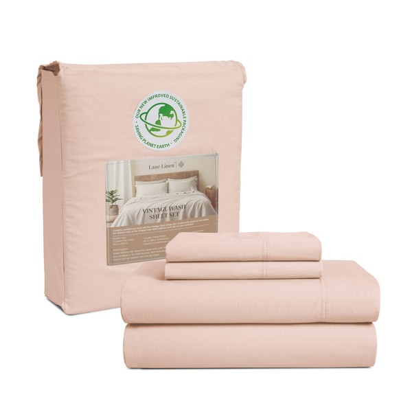 LANE LINEN Washed Percale Sheets Queen - 4Pc Sheet Set