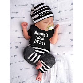 Newborn Baby Boy Clothes Mommy's New Man Letter Print Short Sleeve Romper+Long Pants+Stripe Hat 3PCS Outfits Set Newborn
