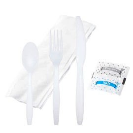 Bulk Heavy Weight Cutlery Individually Wrapped White Plastic Cutlery Knife, Spoon, Fork Pack with Napkin and Salt and Pepper Packets - Extra Strong & Resistant