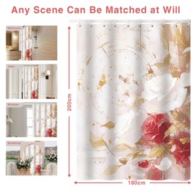 FeinKulturia Textile Shower Curtain, 180 x 200 cm, Flowers, Thickened, Washable, Anti-Mould, Waterproof, Blackout Bath Curtain, Polyester Bathroom Curtain with 12 Shower Curtain Rings and Weighted Hem