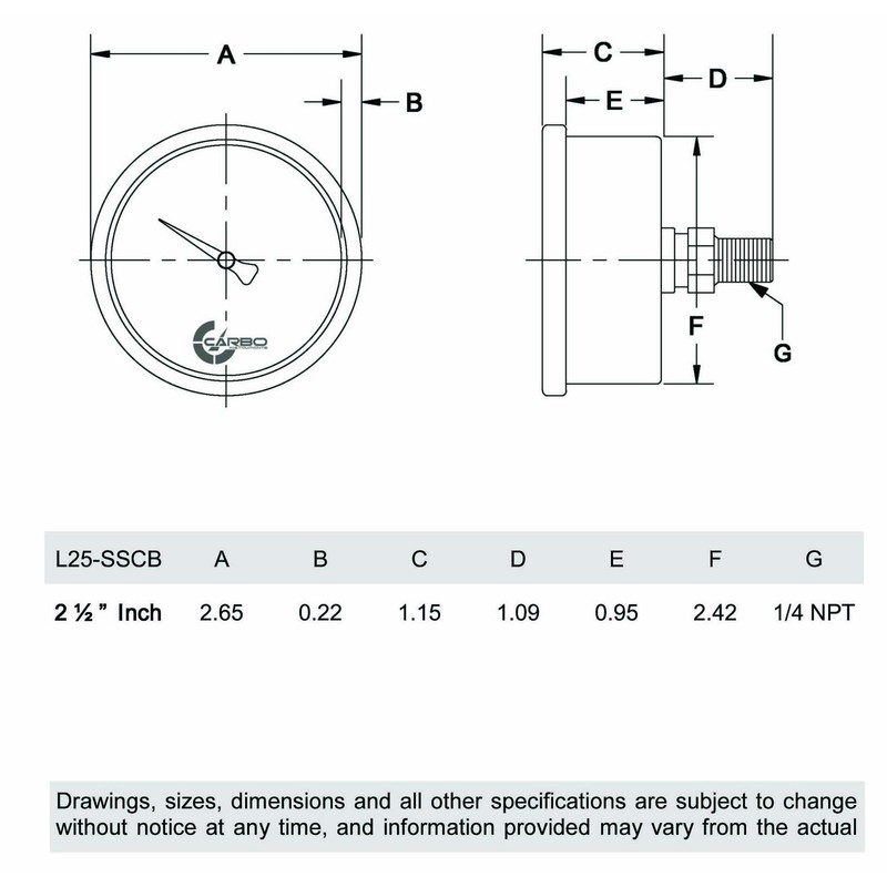 CARBO Instruments 2 1-2" Pressure Gauge, Stainless Steel Case, Chrome
