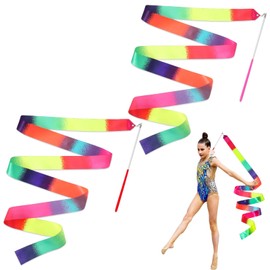 Dimeho Pack of 2 gymnastics bands with rod, gymnastics dance bands, rainbow streamers, dance bands, dancer stick, 209 cm rhythmic gymnastics band, twirling stick for artistic dance talent shows
