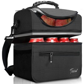 Tirrinia Extra Large Lunch Bag - 13L/ 22 Can, Insulated & Leakproof Adult Reusable Meal Prep Bento Box Cooler Tote for Men & Women with Dual Compartment, Black
