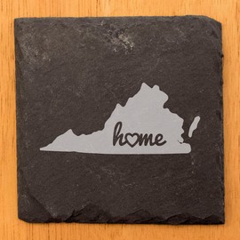 Rustic Slate Coasters Set of 5, Virginia 'Home' Design, 4" Square, Natural Chipped Edge, Rubber Feet, Perfect for She-Shed or Man Cave, Made in Oregon, USA, Unique Housewarming Gift