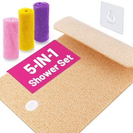 Value 5-Piece Bathroom Accessories Set – 1 Shower Mat Non Slip, 3 African Net Exfoliating Sponges, 1 Drying Hook for Bathroom, Bathtub & Shower (Beige, S)