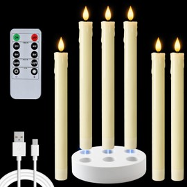 Homemory Rechargeable Waxy Flameless Taper Candles, 9.6 Inches LED Candle Sticks Flickering, Window Candles with Remote Timer Dimmer for Christmas Wedding Home Decor, Ivory, 6 Pcs