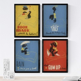Nacnic Vintage Old Posters with Advertisements. Four Vintage Posters and Books Library. A3 Size