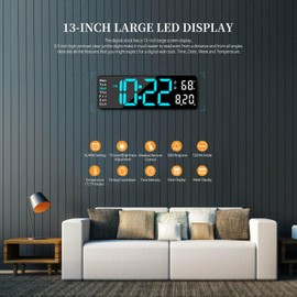 Digital Clock, Digital Wall Clock for Living Room Decor, Desk Alarm Clock for Bedroom, Large Wall Clock with Remote Control, Automatic Brightness Dimmer LED Clock with Date Temperature Week (Blue-B)