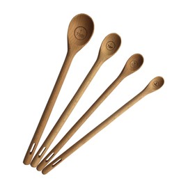 Long Handle Wooden Measuring Spoons by utensi, Set of 4 Engraved Accurate Spoons for Dry and Liquid Ingredients, Beech Wood Set (9-inch handles)