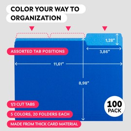 100 Pack - Colored File Folders - Colored Folders - Colored File Folders Letter Size - File Folders - File Folders Letter Size - Color File Folders - Color Folders - (8.5x11, 1/3 Cut Tabs, 5 Colors)