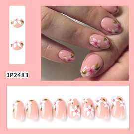 Vezocim Flower Press on Nails Oval Shapes, 24Pcs Pink Short Artificial Fake Nails with Cherry Blossoms Designs, Full Cover Glossy Acrylic False Nails, Stick on Fingernails for Women Girls(J2483)