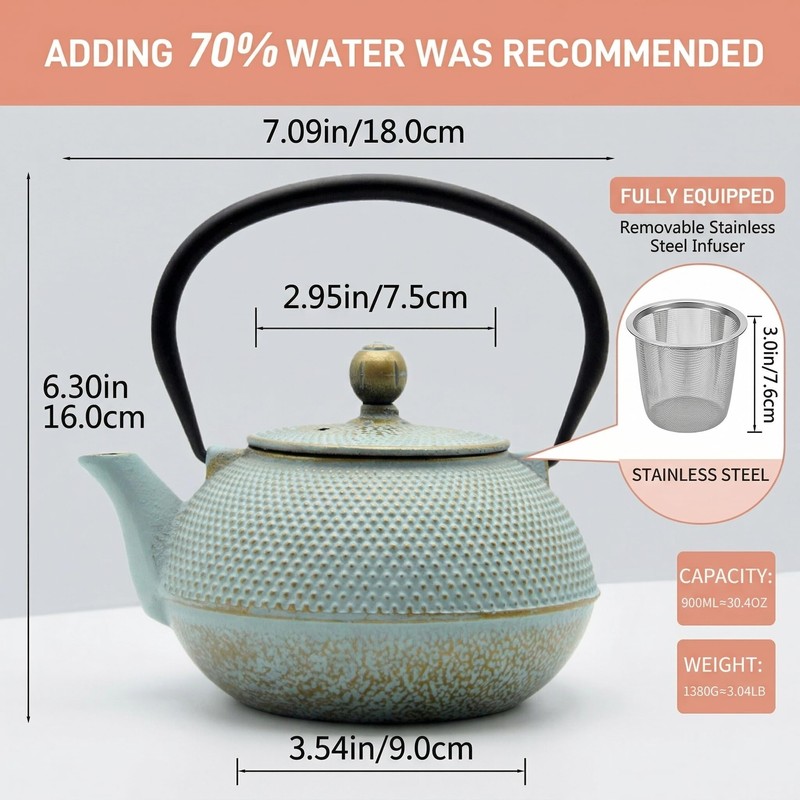 SECHUDO 30.4oz Small Cast Iron Teapot, Tea Kettle for Stovetop