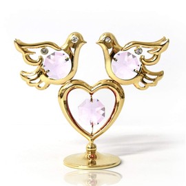 Mascot 24K Gold Plated Twin Doves W/Heart ON Stand W Element Wedding Gift Anniversary Home Decoration Present Birthday (Pink)