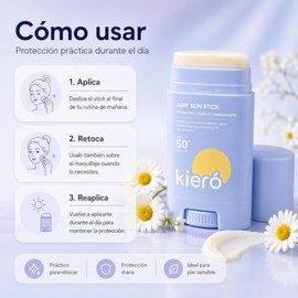 KIERO Protector Solar Facial en Barra SPF 50 PA 20 g  Manzanilla, vitamina E, madecassoside, acabado mate, no graso, portátil, retoque sobre...       