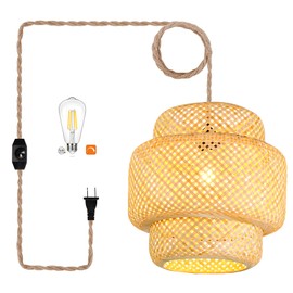 Plug in Pendant Light Rattan Hanging Lights with Plug in Cord Bamboo Hanging Lamp Dimmable,Handmade Woven Boho Wicker Basket Lamp Shade,Plug in Ceiling Light Fixture for Living Room Bedroom Kitchen