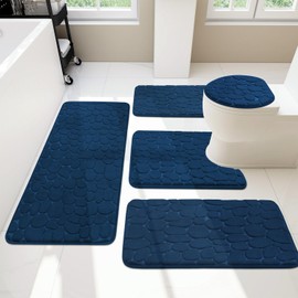 YIHOUSE Bathroom Rugs Sets 5 Piece, Cobblestone Memory Foam Bathroom Mats Set Extra Thick, Non Slip Bath Mats for Bathroom, Water Absorbent, Washable Dark Blue Bath Rugs for Tub, Toilet and Floor