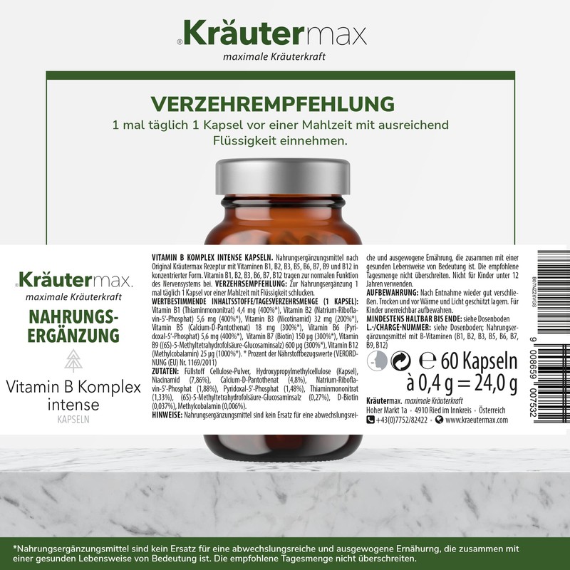 Kräutermax Vitamin B Complex Vitamin B Capsules High Dose B