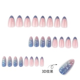Summer Press on Nails Medium Almond Fake Nails with 3D Mermaid Scales Design Stick on Nails French Tip False Nails Handmade Full Cover Acrylic Glue on Nail for Women Girl Manicure 24Pcs