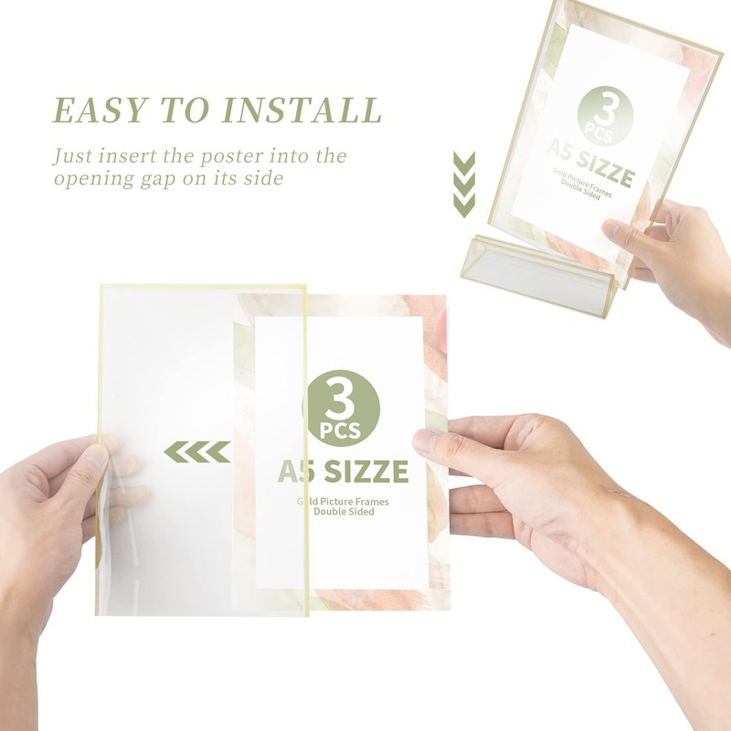 WeeGoo 3 Pack A5 Acrylic Sign Holder with Gold Borders,
