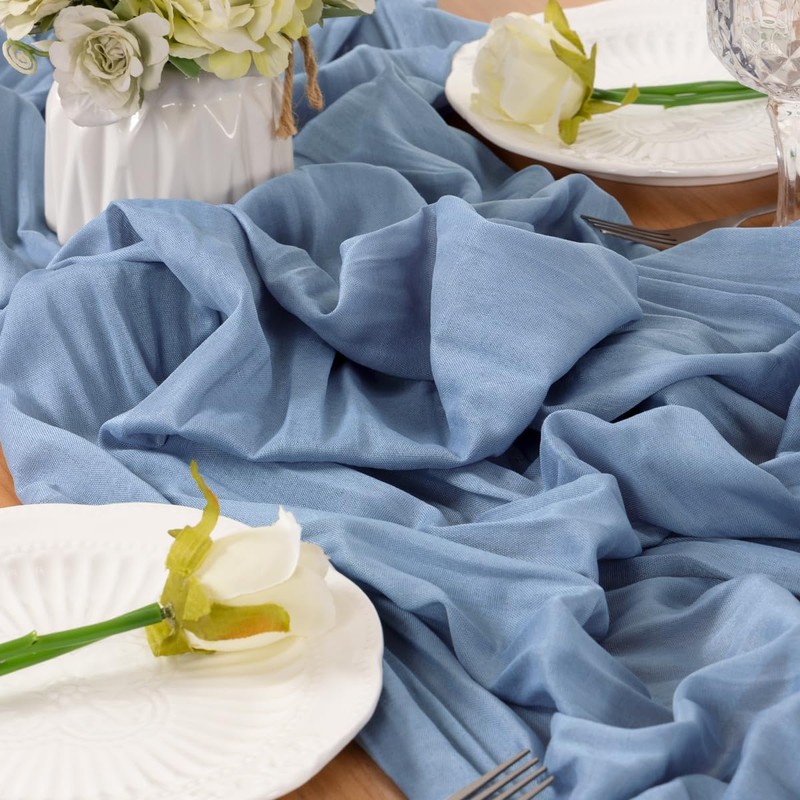 LINXTAR Dusty Blue Valentine's Day Table Runner Cheesecloth Table Runner