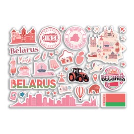 A5 Sticker Sheet Belarus Pink Landmarks Vinyl Stickers - Minsk Map Airport Stamp Skyline Flag Travel Holiday City Country Aesthetic #80340